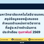 ประกาศมหาวิทยาลัยเทคโนโลยีราชมงคลธัญบุรี สรุปข้อมูลของผู้เสนอขอ กำหนดตำแหน่งทางวิชาการ ที่อยู่ระหว่างดำเนินการ ประจำเดือน กุมภาพันธ์ 2569