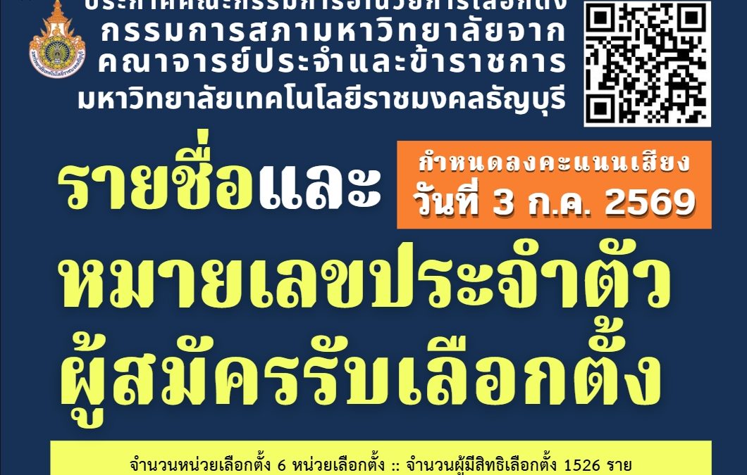 ประกาศคณะกรรมการอำนวยการเลือกตั้ง กรรมการสภามหาวิทยาลัยจากคณาจารย์ประจำและข้าราชการ เรื่อง รายชื่อและหมายเลขประจำตัวผู้สมัครรับเลือกตั้ง กรรมการสภามหาวิทยาลัยจากคณาจารย์ประจำและข้าราชการ