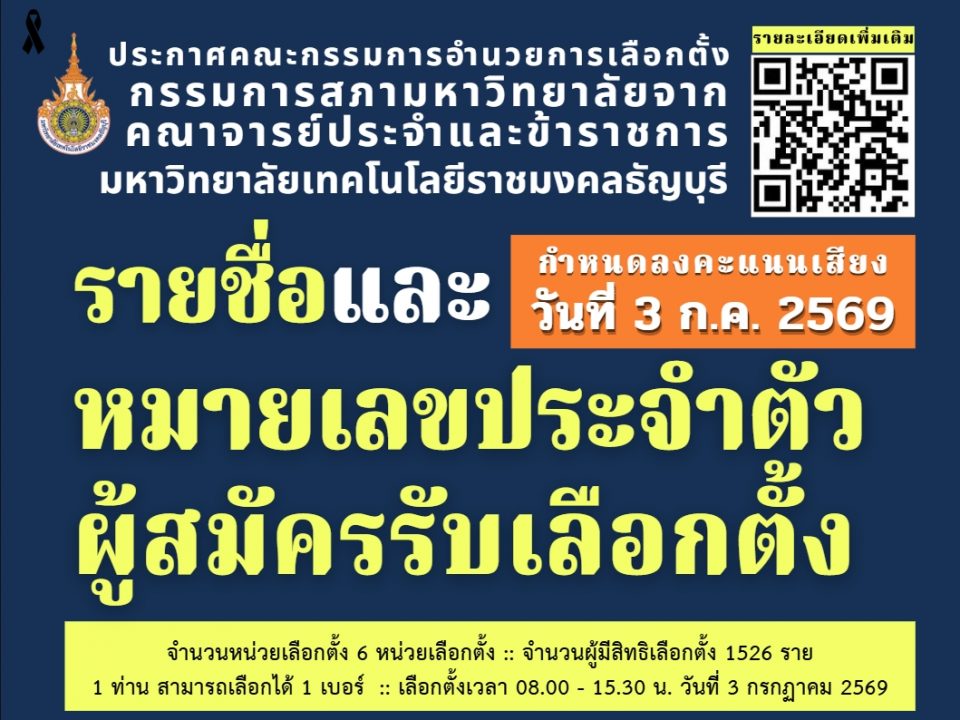 ประกาศคณะกรรมการอำนวยการเลือกตั้ง กรรมการสภามหาวิทยาลัยจากคณาจารย์ประจำและข้าราชการ เรื่อง รายชื่อและหมายเลขประจำตัวผู้สมัครรับเลือกตั้ง กรรมการสภามหาวิทยาลัยจากคณาจารย์ประจำและข้าราชการ